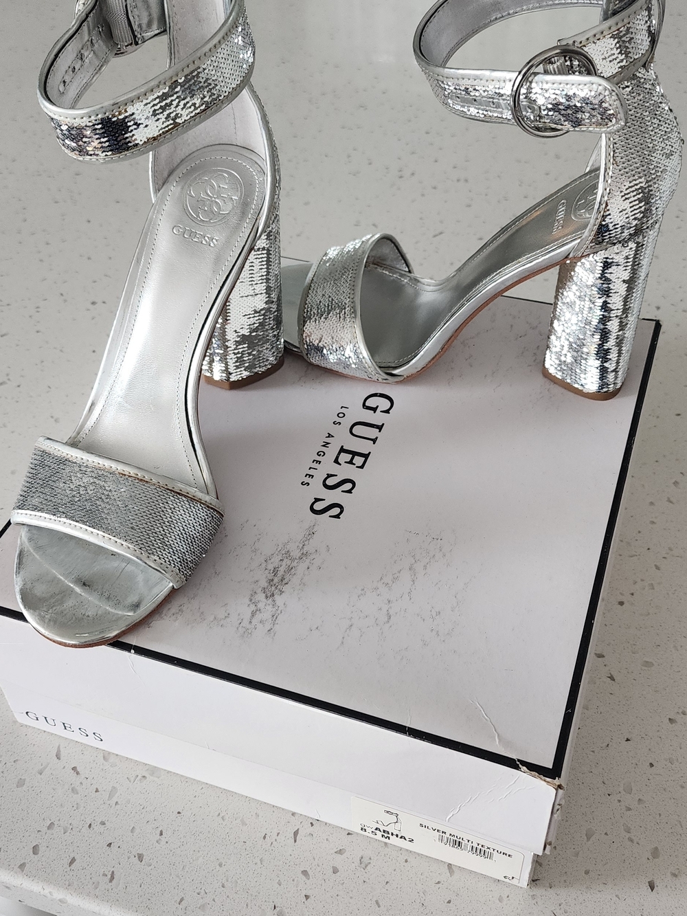 GUESS Silver Sequin Block Heel Ankle Strap Sandals